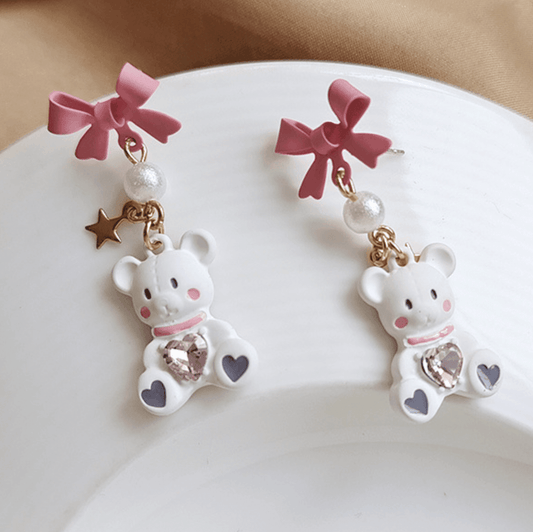 1 Pair Cute Pink Bowtie Bear Earrings - Belle Rose Nails