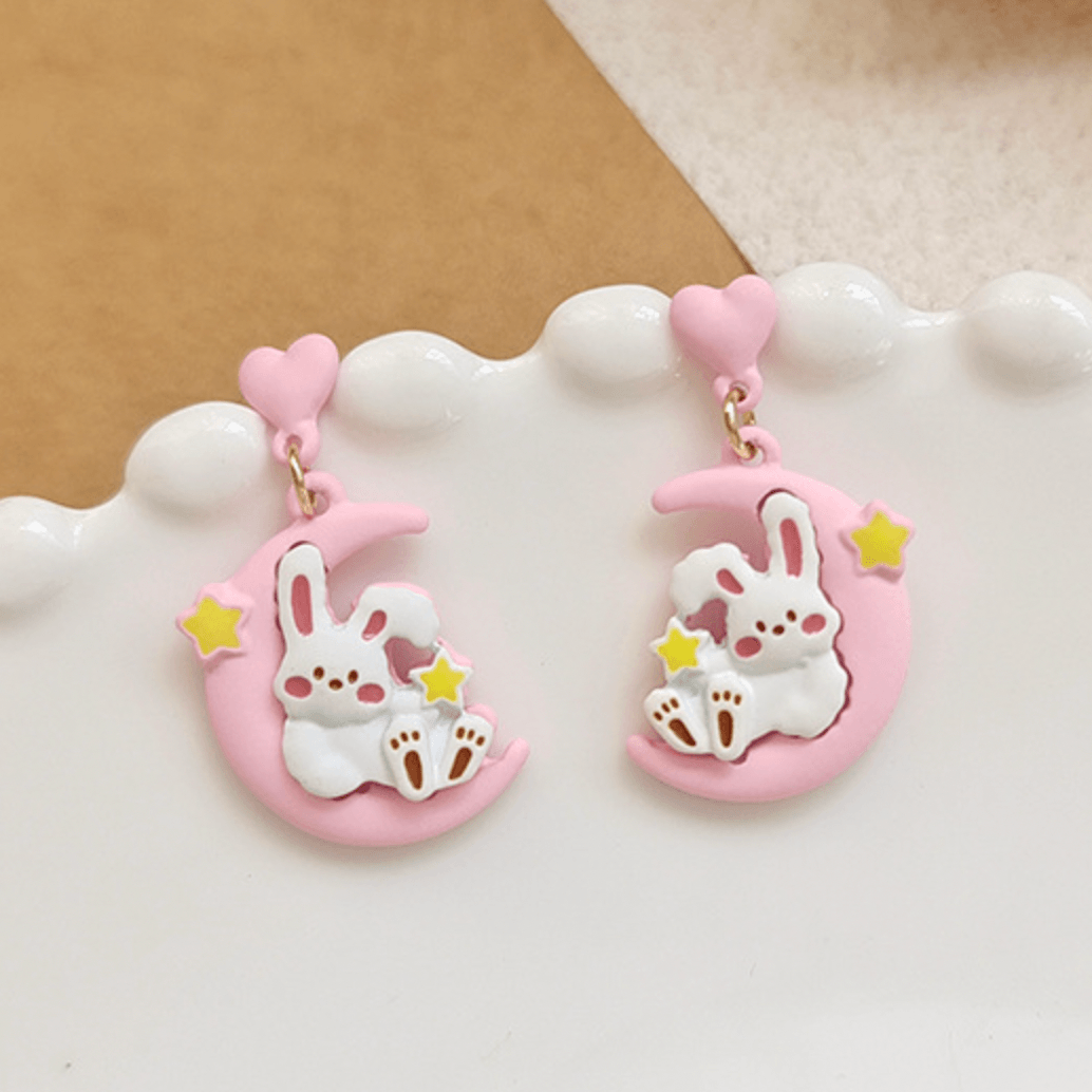1 Pair Kawaii Pink Moon and Stars Bunny Rabbit Earrings - Belle Rose Nails