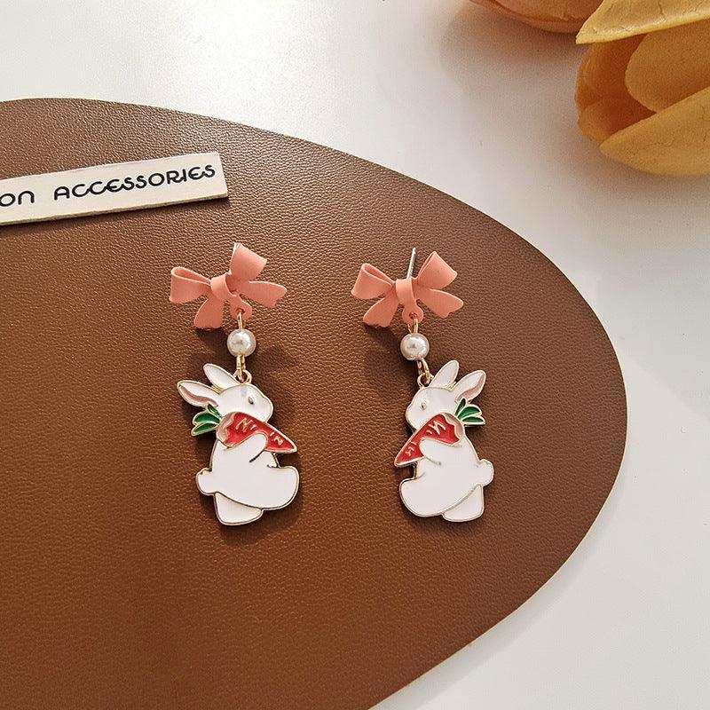 1 Pair Pink Bowtie Bunny Rabbit with Carrot Earrings - Belle Rose Nails