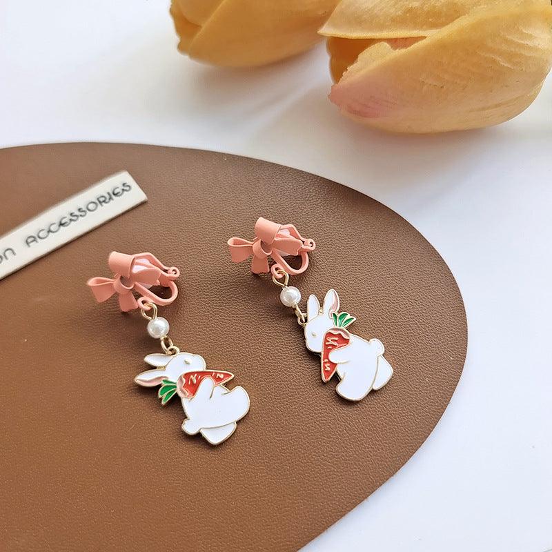 1 Pair Pink Bowtie Bunny Rabbit with Carrot Earrings (Clippons Option Available) - Belle Rose Nails