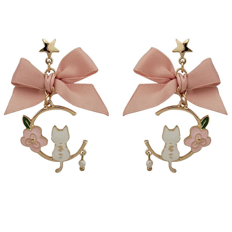 1 Pair Pink Bowtie White Cat Sitting on Moon Earrings (Clippons Option Available) - Belle Rose Nails