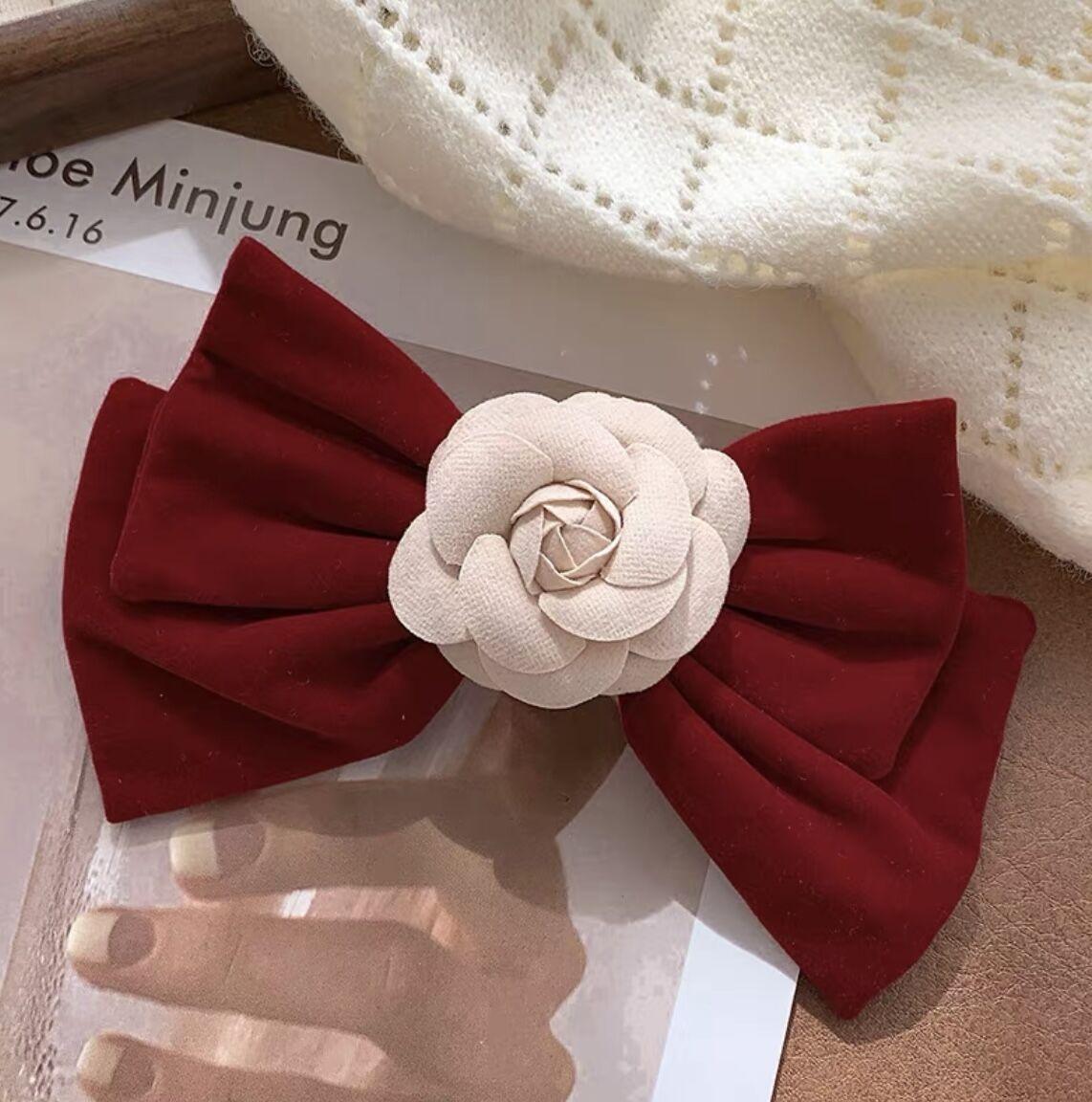 1 Pcs Large Wine Red Velvet with Pearls Hair Bow Bowtie Hair Clip