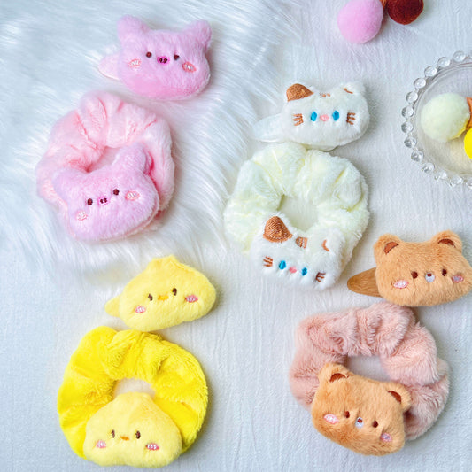 2 Pack (Fluffy Scrunchie+Hair Clip) Cute Animals Fluffy Scrunchie Hair Clip Set- Bunny; Piggy; Bear; Frog; Panda; Cat