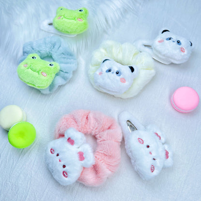 2 Pack (Fluffy Scrunchie+Hair Clip) Cute Animals Fluffy Scrunchie Hair Clip Set- Bunny; Piggy; Bear; Frog; Panda; Cat