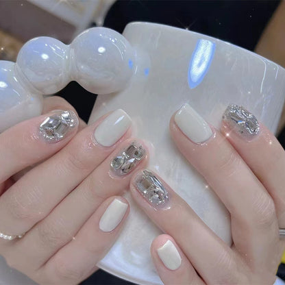 Cream White and Sparkly Diamonds Short Press On Nails