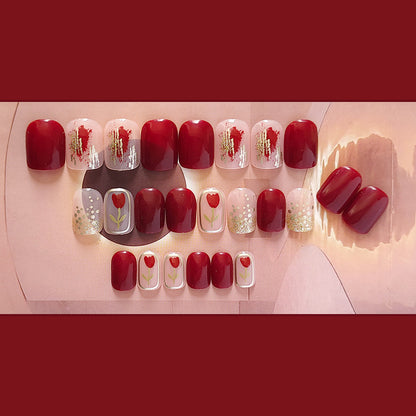 [2024 SALE] Romantic Gold Glittering Red Rose Short Press On Nails