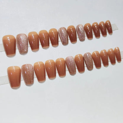 Glittering Coffee Brown Medium Length Press On Nails