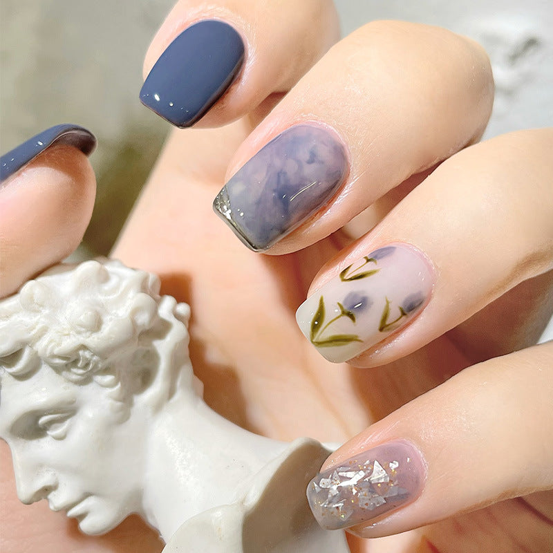 [2024 SALE] Romantic Blue Tulip Flower Short Press On Nails Belle Rose Nails