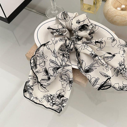 [SUMMER SALE] 1 PCS Multi-Layer Large Black and White Ink Painting Inspired Ribbon Scrunchie Hair Tie - Belle Rose Nails