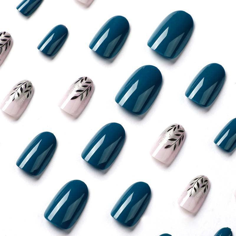 Blue and Silver Glittering Leaves Medium Length Press-On Nails - Belle Rose Nails