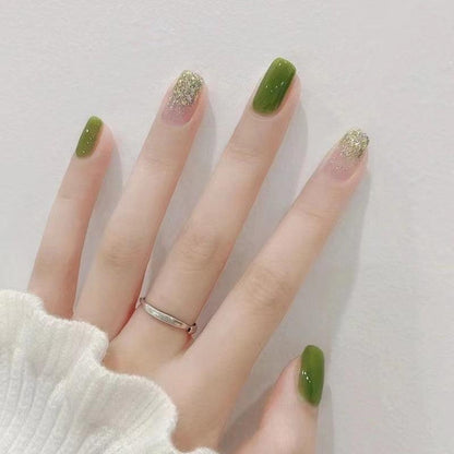 Jelly Grass Green with Glittering Ombre Medium Short Press-On Nails - Belle Rose Nails