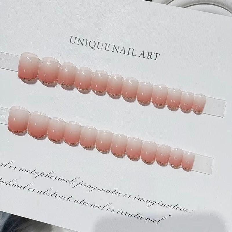 Nude Peach Pink Ombre with Glittering French Short Press-On Nails - Belle Rose Nails