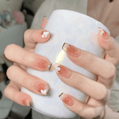 Peach Pink and Nude Ombre with Gold Glitter and Painted Flowers Short Press On Nails - Belle Rose Nails