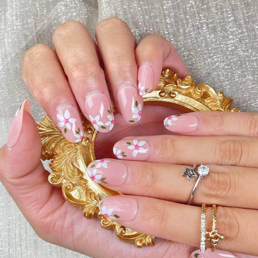 [AUTUMN SALE] Sweet Nude Pink Flowers Short Press On Nails - Belle Rose Nails
