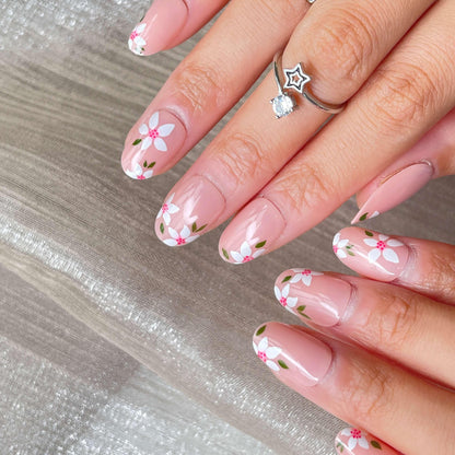 [AUTUMN SALE] Sweet Nude Pink Flowers Short Press On Nails - Belle Rose Nails