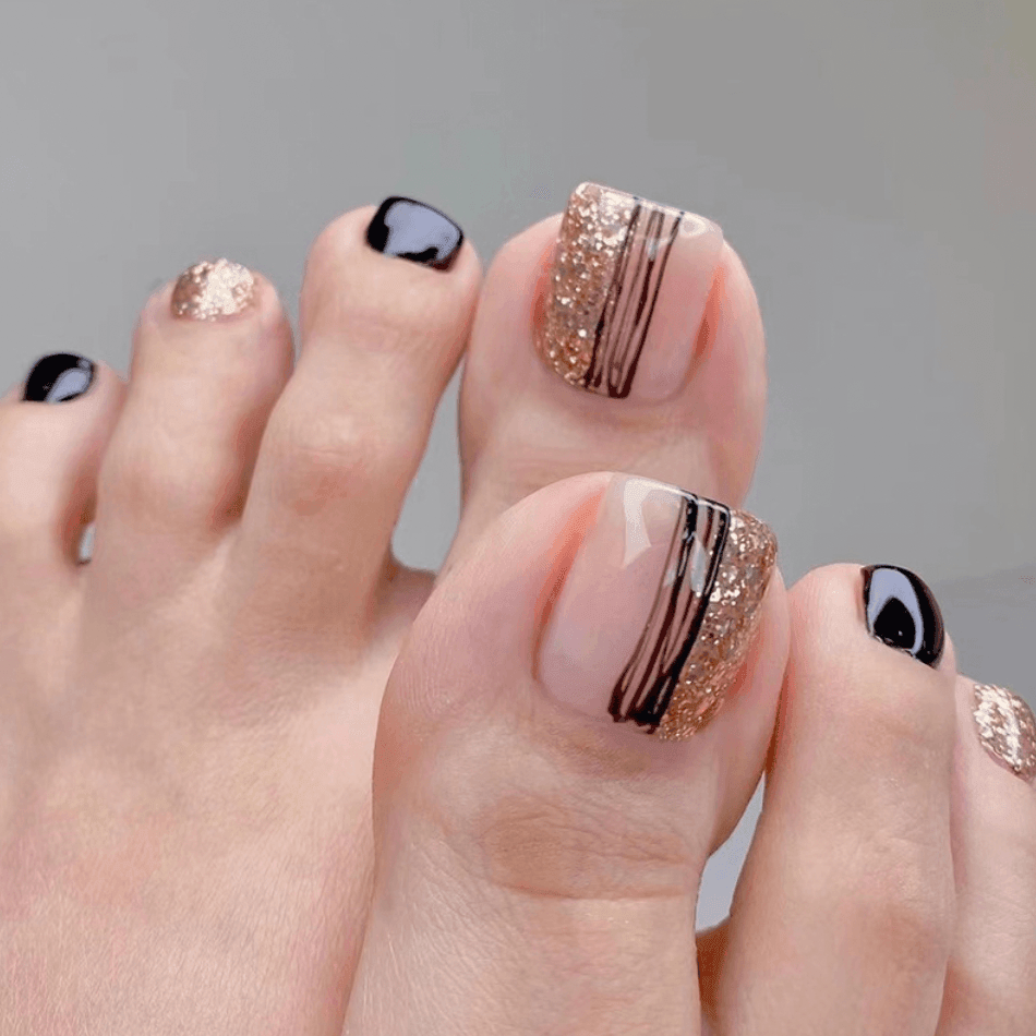 Black and Gold Shimmer Glitter Toe Nails Press On Nails - Belle Rose Nails