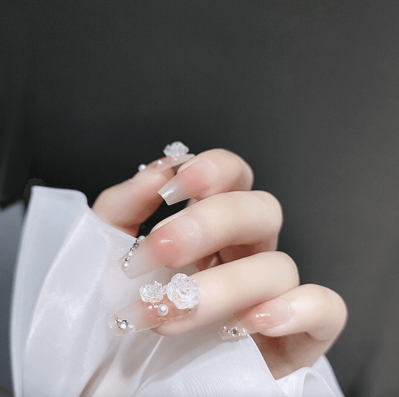 Cherry Blossom Blush Pink and Opaque Ombre with Camellia and Pearls Medium Length Almond Press On Nails - Belle Rose Nails