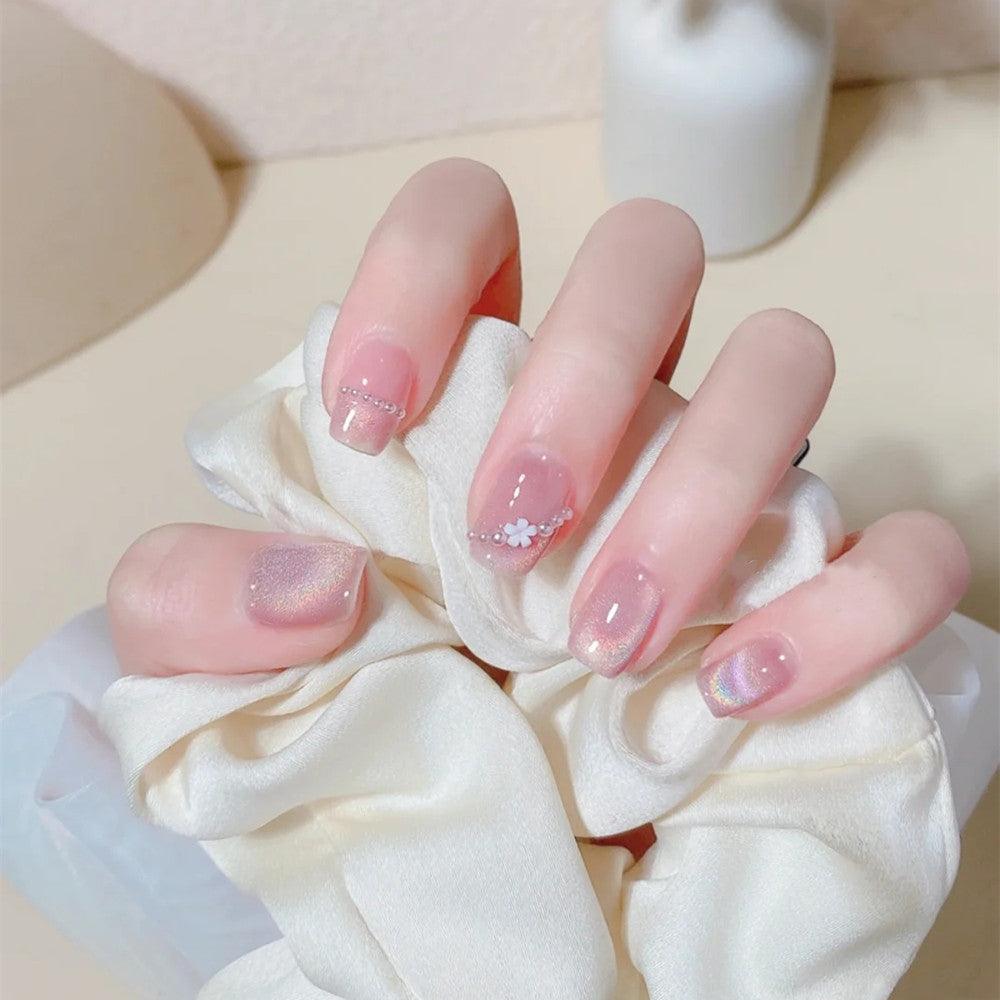 Cherry Blossom Pink with Moonlight Shining Glitter Floral Short Press-On Nails - Belle Rose Nails