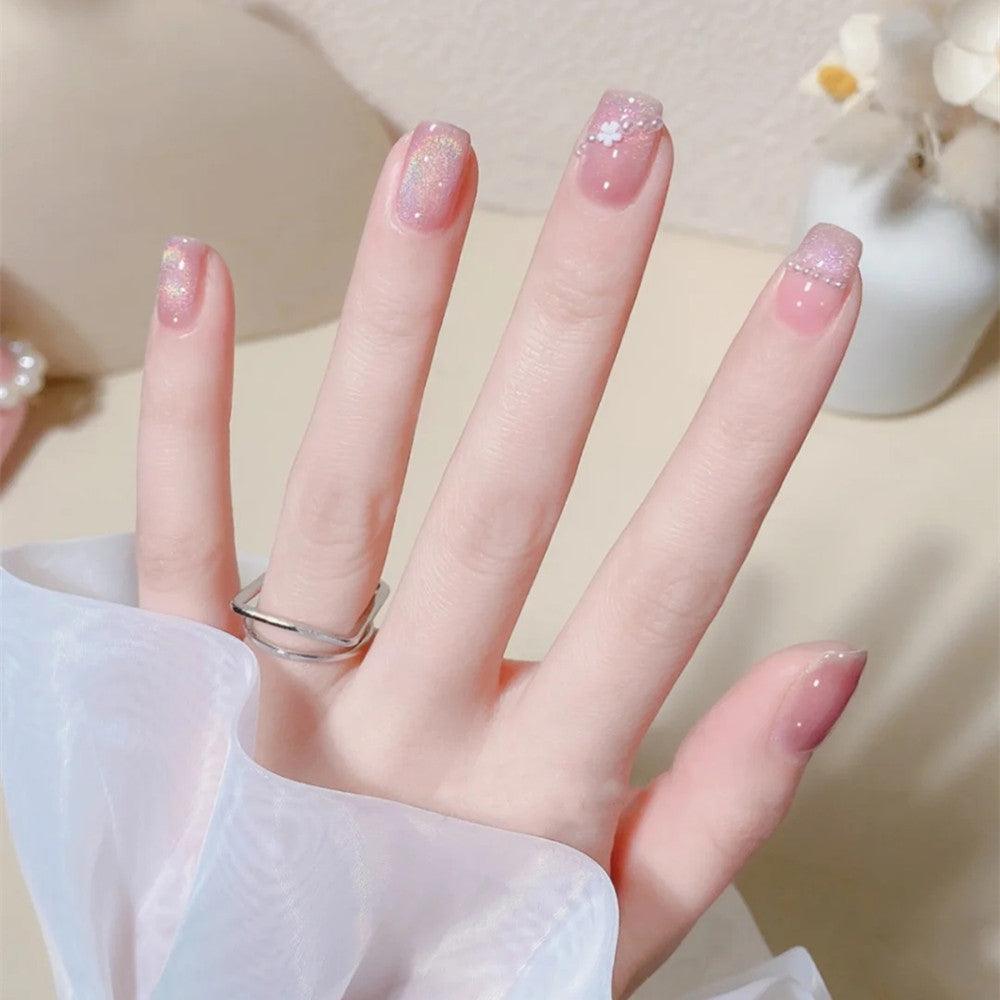 Cherry Blossom Pink with Moonlight Shining Glitter Floral Short Press-On Nails - Belle Rose Nails