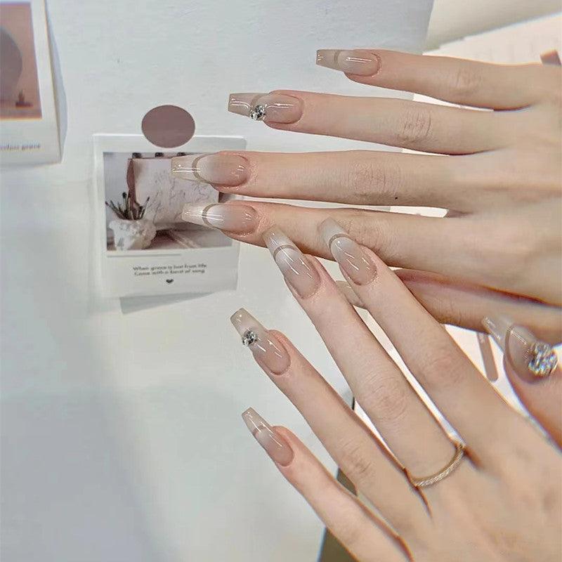 Elegant Grey New French with Diamond Long Press-On Nails - Belle Rose Nails