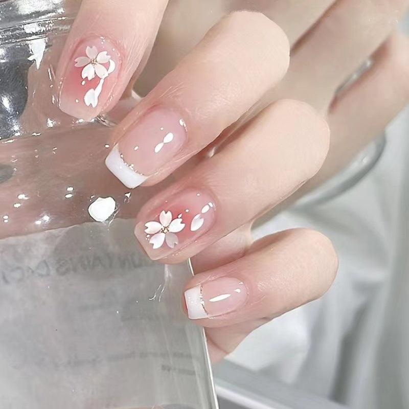 Elegant White French Flowers Medium Length Press On Nails – Belle Rose Nails