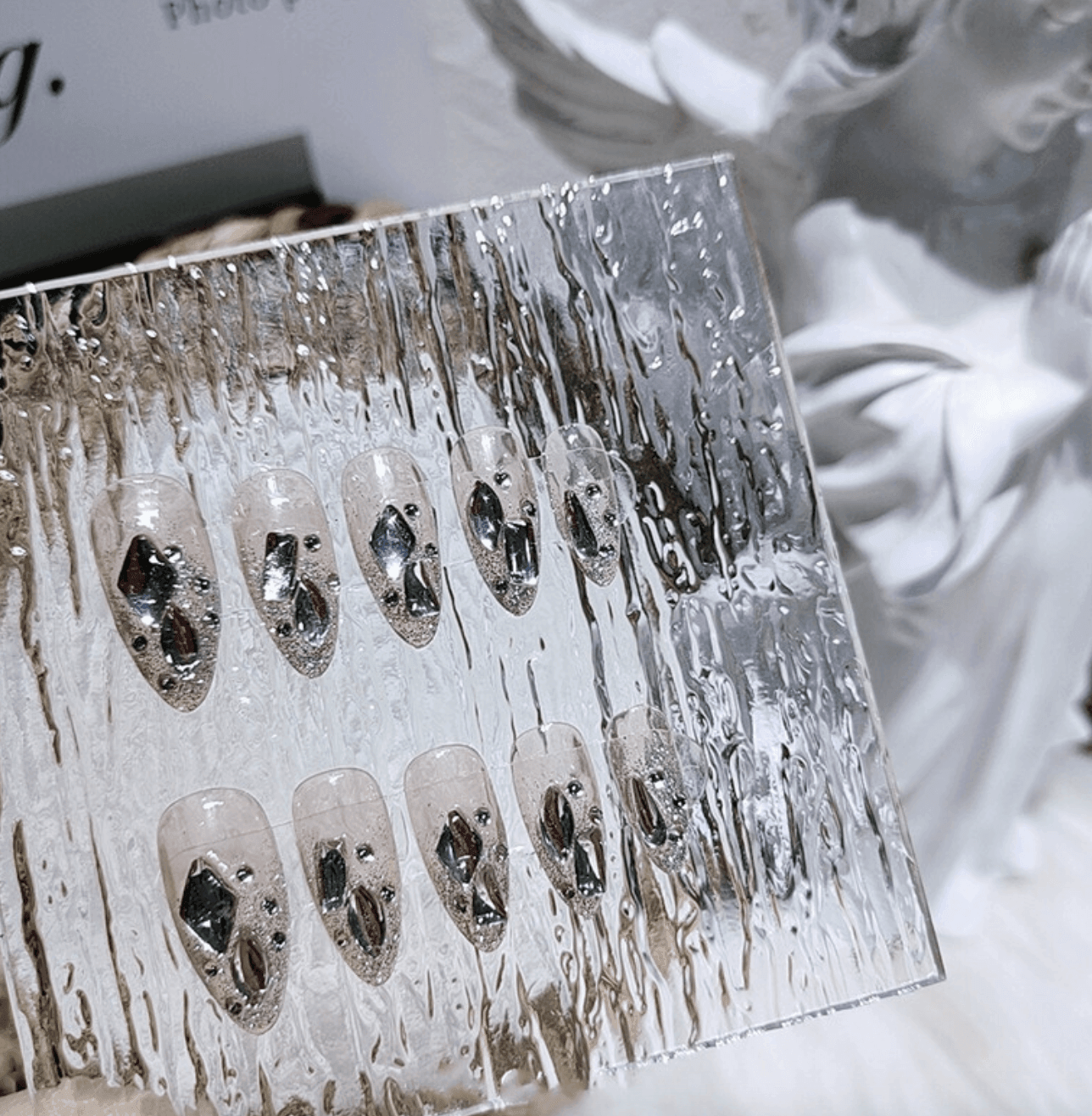 Full Diamond Pink Opaque Nude Medium Length Almond Press On Nails - Belle Rose Nails