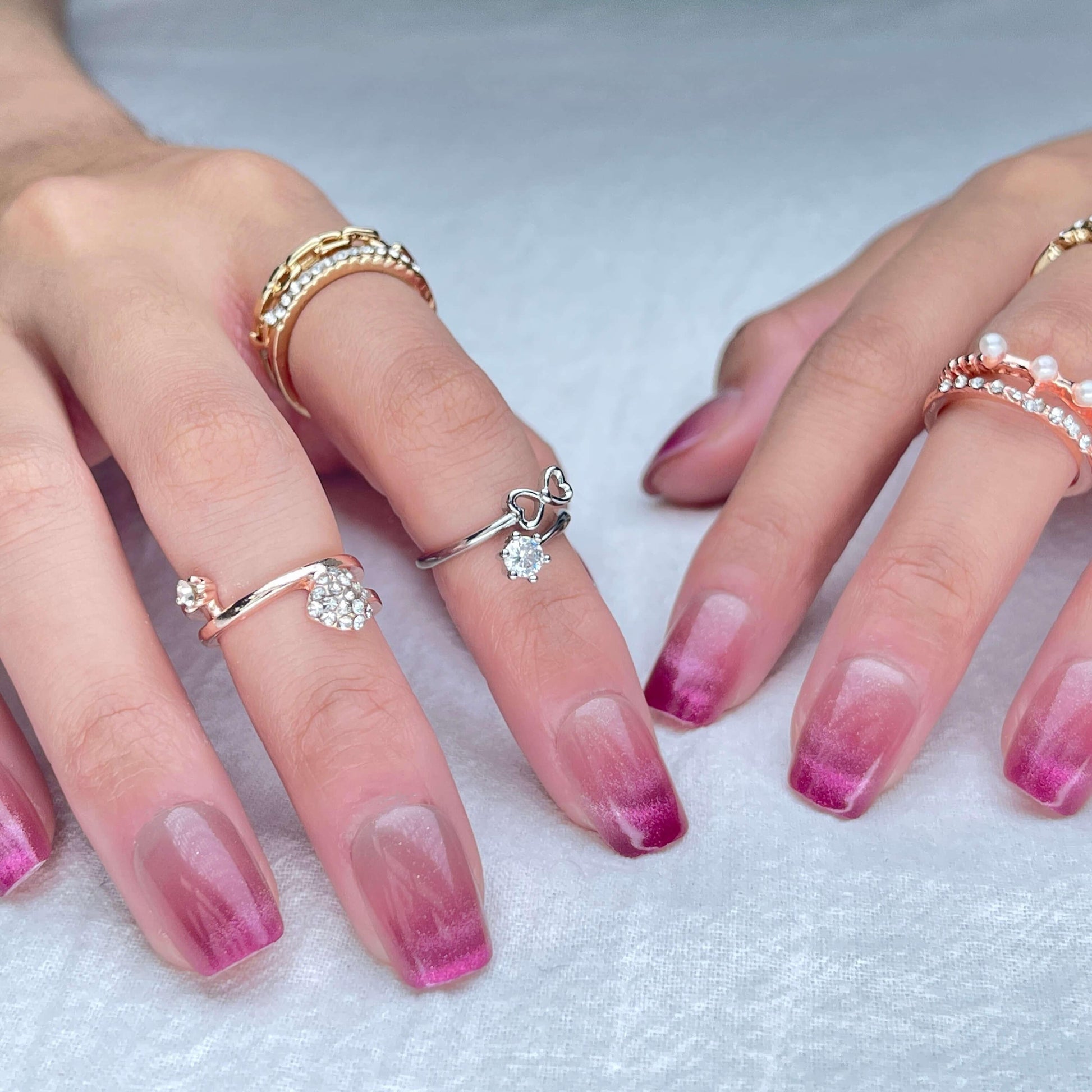 [FULL SET GLITTERING] Moonlight Glittering Princess Hot Pink French Style Medium Length Press On Nails - Belle Rose Nails