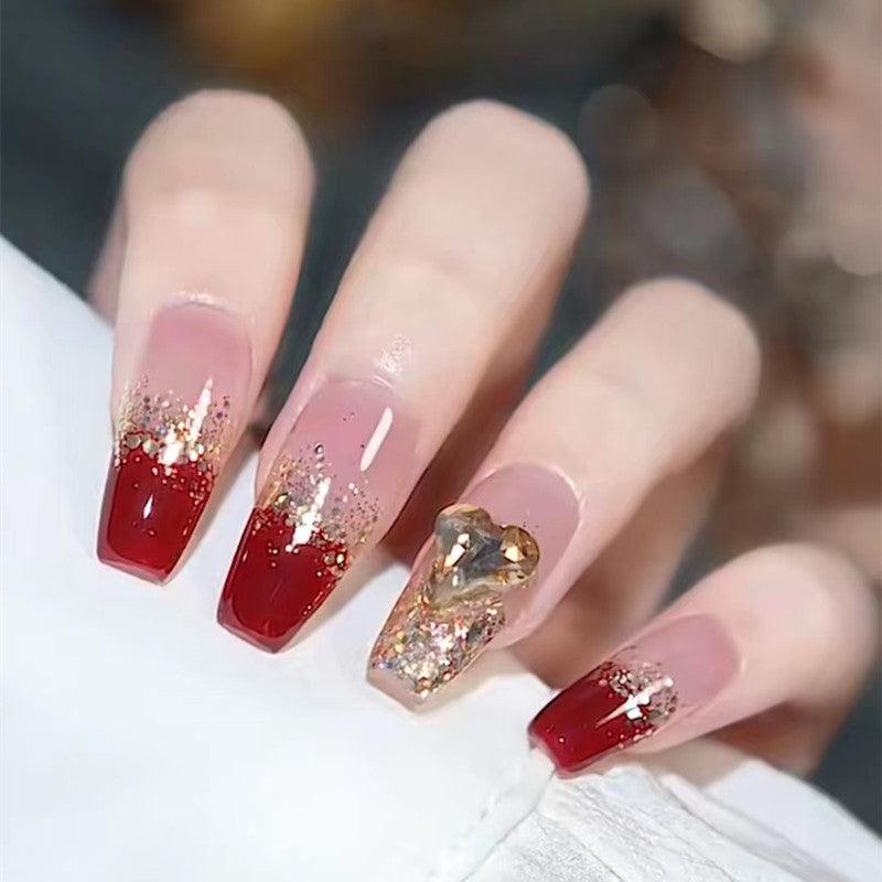 Glamour Diva Red and Pink French with Glitters and Diamond Heart Long Press-On Nails - Belle Rose Nails