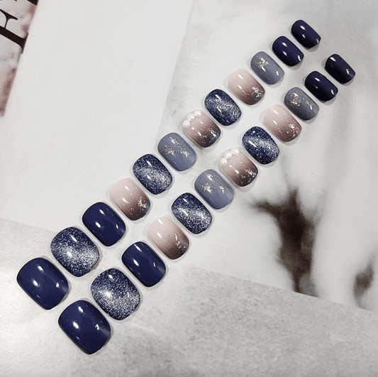 Midnight Blue with Moonlight Shine Glitters and Pearls Short Press On Nails - Belle Rose Nails
