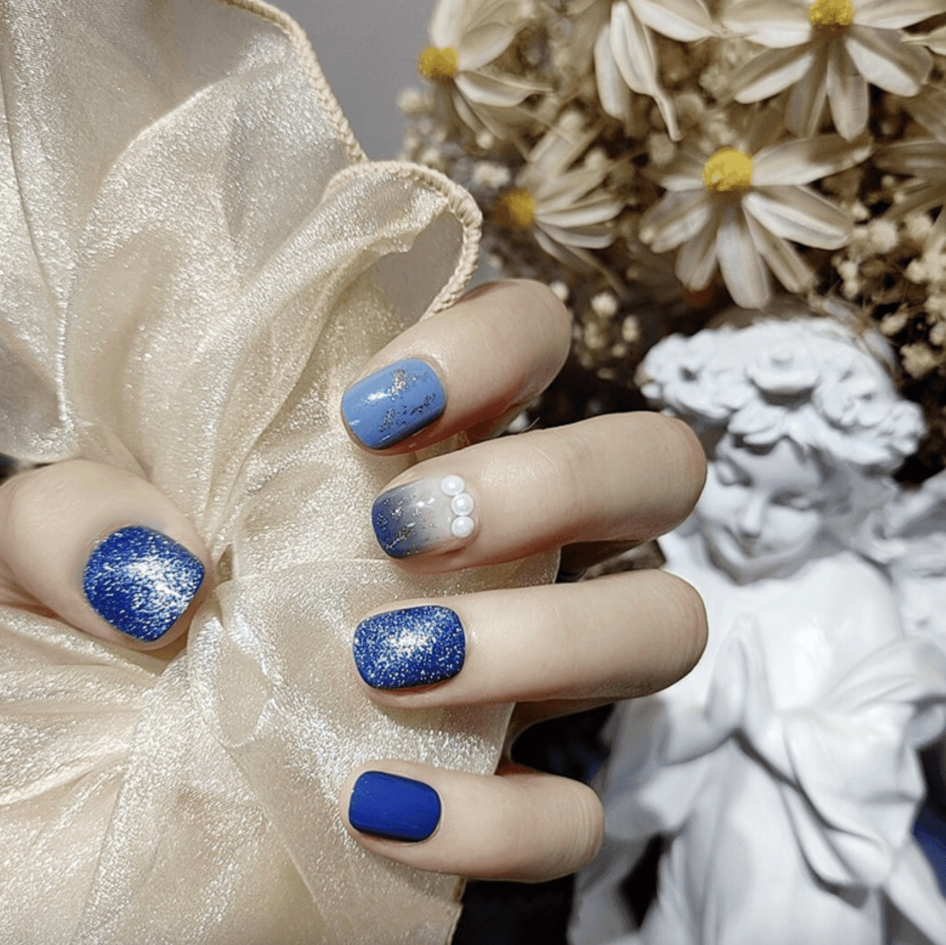 Midnight Blue with Moonlight Shine Glitters and Pearls Short Press On Nails - Belle Rose Nails