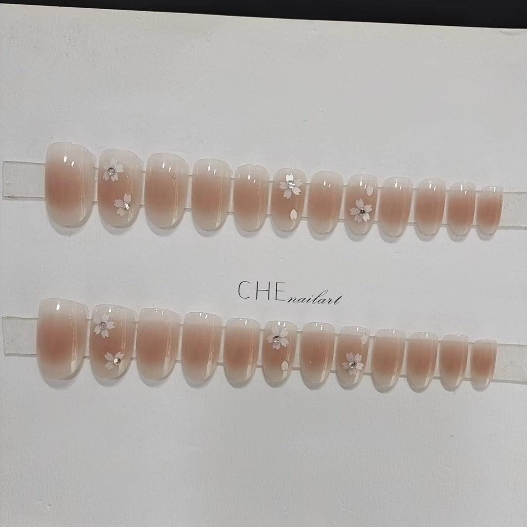 Milky Ombre with Elegant Flowers Medium Length Press-On Nails - Belle Rose Nails