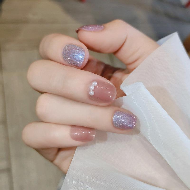 Moonlight Glittering Purple and Pink with Pearls Short Press-On Nails - Belle Rose Nails