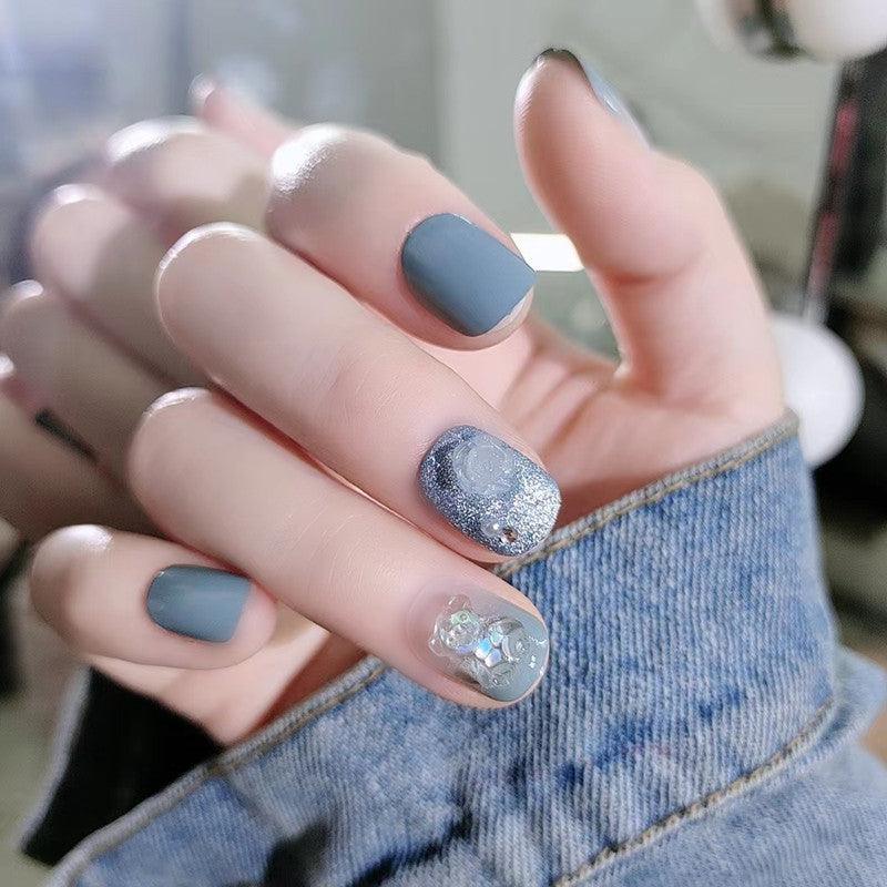 Smoky Blue Holographic Bear and Rose Short Press On Nails - Belle Rose Nails