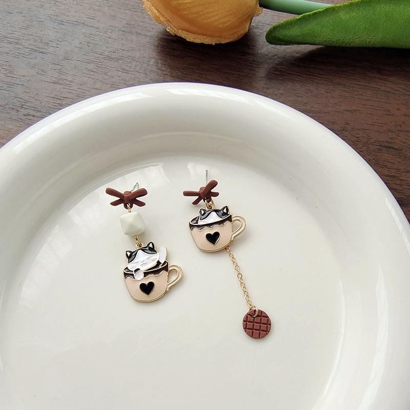1 Pair Coffee with Cookie Cat Earrings - Belle Rose Nails