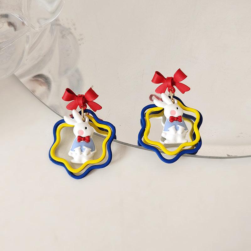 1 Pair Colorful Floral Column Bunny Rabbit Earrings (Clippons Option Available) - Belle Rose Nails