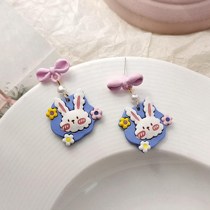 1 Pair Cute Pink and Blue Flowers Bunny Rabbit Earrings (Clippons Option Available) - Belle Rose Nails