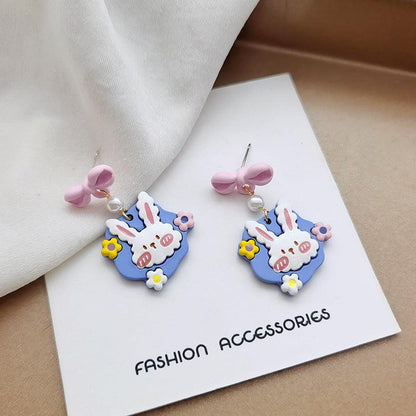 1 Pair Cute Pink and Blue Flowers Bunny Rabbit Earrings (Clippons Option Available) - Belle Rose Nails