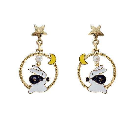 1 Pair Escaping Bunny Rabbit Under Moon and Stars Earrings (Clippons Option Available) - Belle Rose Nails