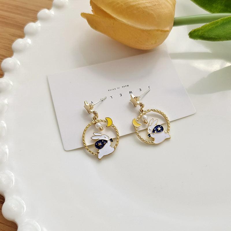 1 Pair Escaping Bunny Rabbit Under Moon and Stars Earrings (Clippons Option Available) - Belle Rose Nails