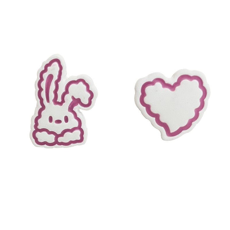 1 Pair Fluffy Bunny Rabbit and Heart Earrings Ear Studs - Belle Rose Nails