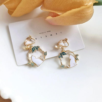 1 Pair Leaves with White Cat Earrings (Clippons Option Available) - Belle Rose Nails