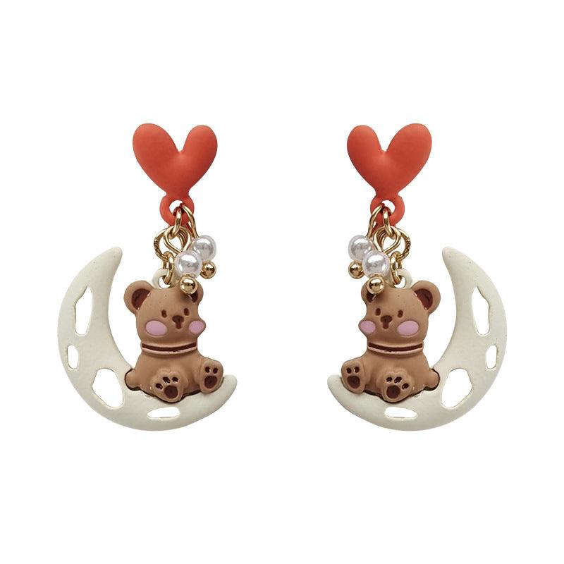 1 Pair Moon and Hearts Bear Earrings - Belle Rose Nails