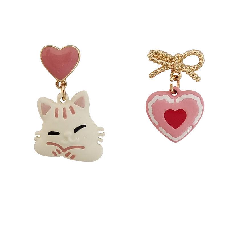 1 Pair Pink and Red Hearts Loving Cat Earrings - Belle Rose Nails