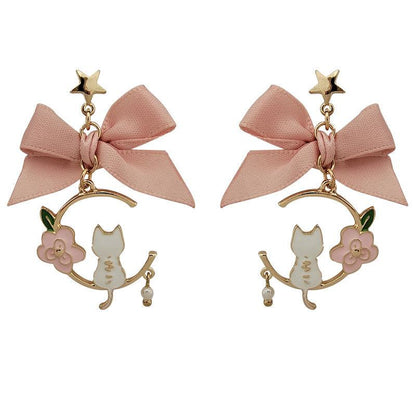 1 Pair Pink Bowtie White Cat Sitting on Moon Earrings (Clippons Option Available) - Belle Rose Nails