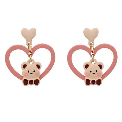 1 Pair Pink Heart Bear Earrings - Belle Rose Nails