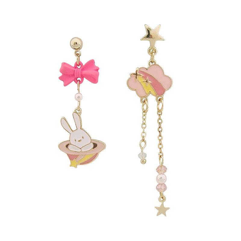 1 Pair Pink Rainbow Color Cloud with Stars Bunny Rabbit Earrings - Belle Rose Nails
