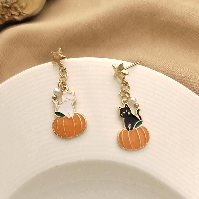 1 Pair Pumpkin Black and White Cat Earrings - Belle Rose Nails