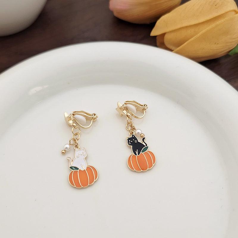 1 Pair Pumpkin Black and White Cat Earrings (Clippons Option Available) - Belle Rose Nails