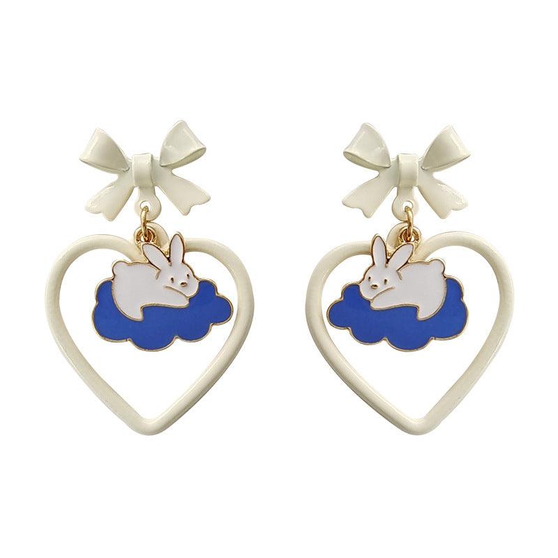 1 Pair Running on Clouds with Heart Bunny Rabbit Earrings (Clippons Option Available) - Belle Rose Nails