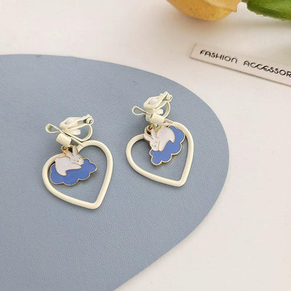 1 Pair Running on Clouds with Heart Bunny Rabbit Earrings (Clippons Option Available) - Belle Rose Nails